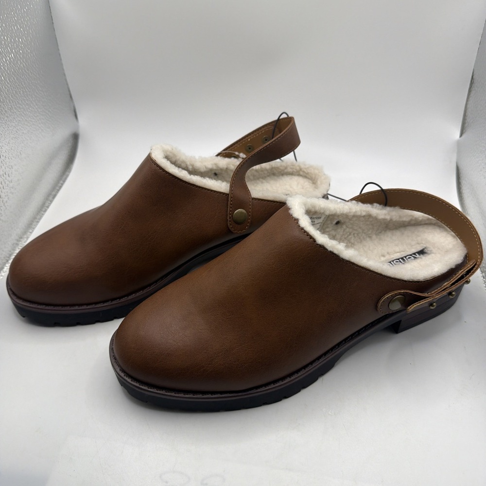 Kensie Wrylie Tan Faux Leather Shearling Lined Lug Sole Clog Mules US 8.5 NEW